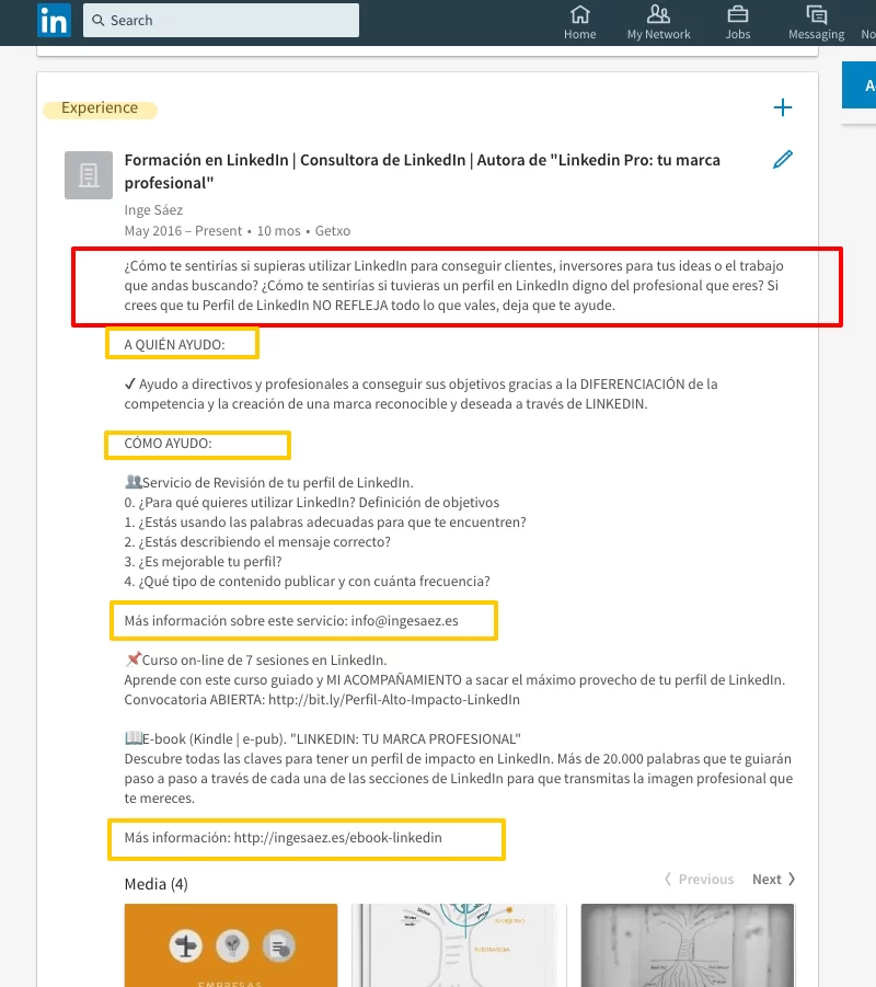 ejemplo experiencia linkedin
