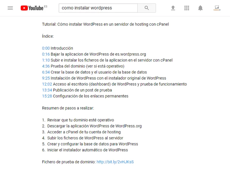 descripcion y minutaje de un vídeo youtube