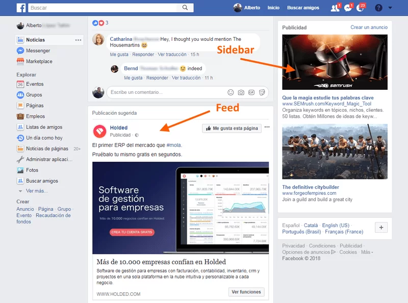 anuncios facebook ads feed sidebar
