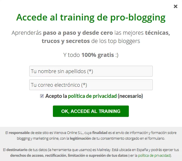 formulario de suscripción conforma al RGPD