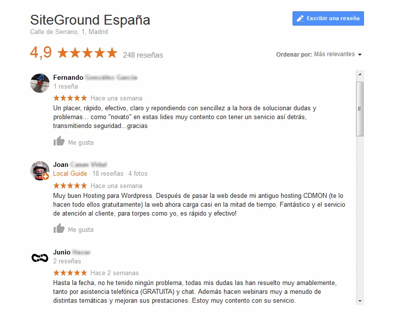 opiniones clientes google siteground