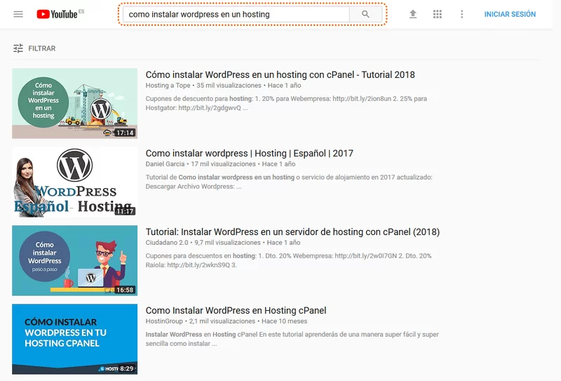 ejemplo serps youtube