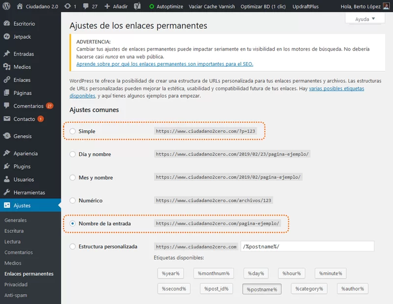 configuracion enlaces permanentes