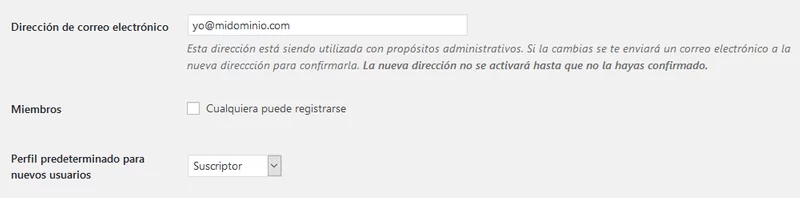 ajustes generales wordpress administrador miembros