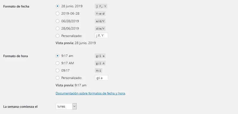 ajustes generales wordpress fechas