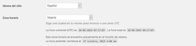 ajustes generales wordpress idioma zona horaria