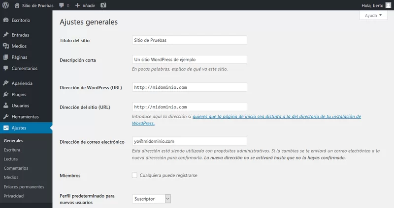 ajustes generales wordpress