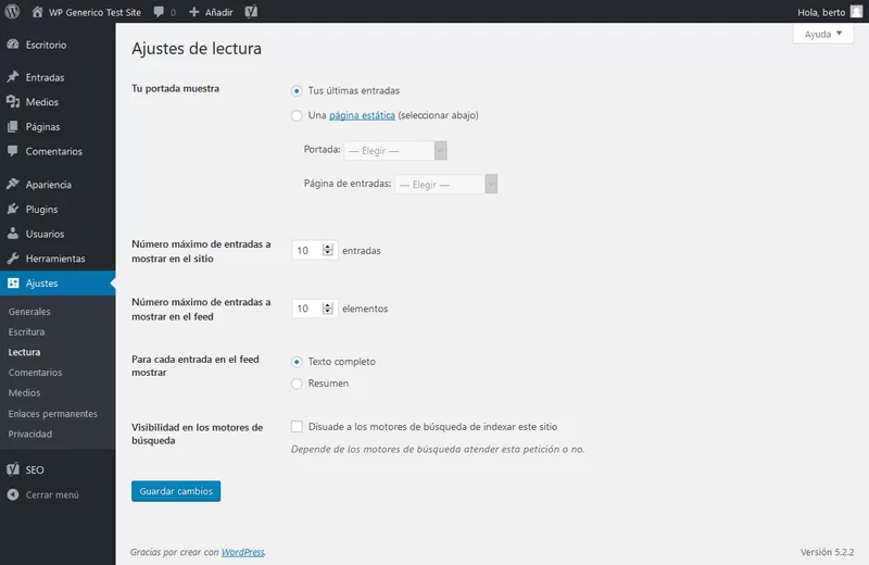 ajustes lectura wordpress