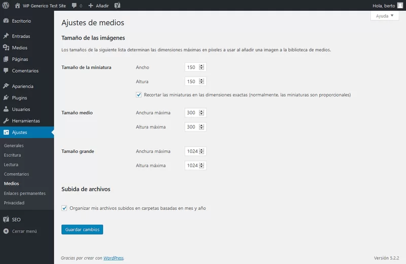 ajustes medios wordpress
