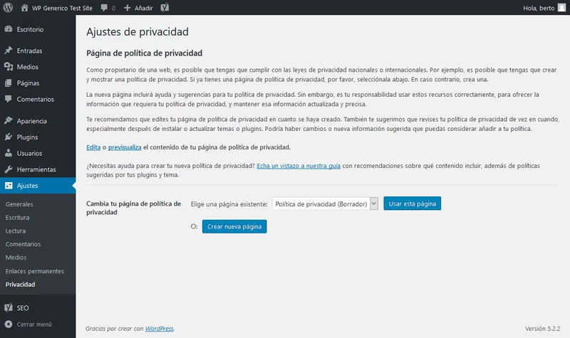 ajustes privacidad wordpress