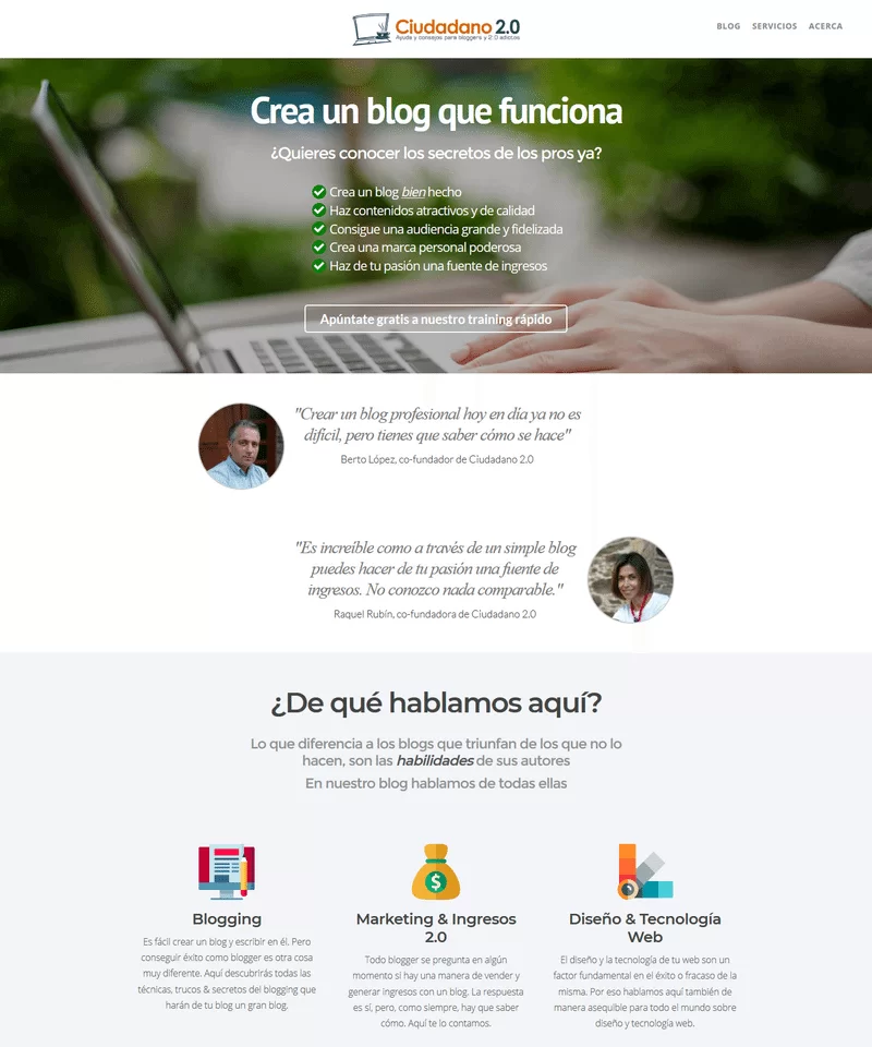 ejemplo landing page blog