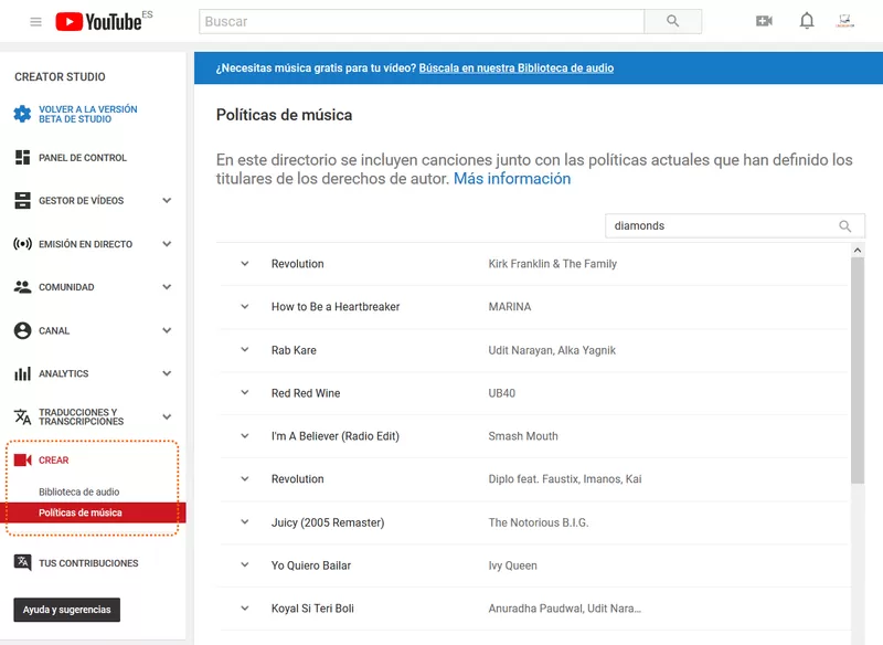 politicas musica youtube