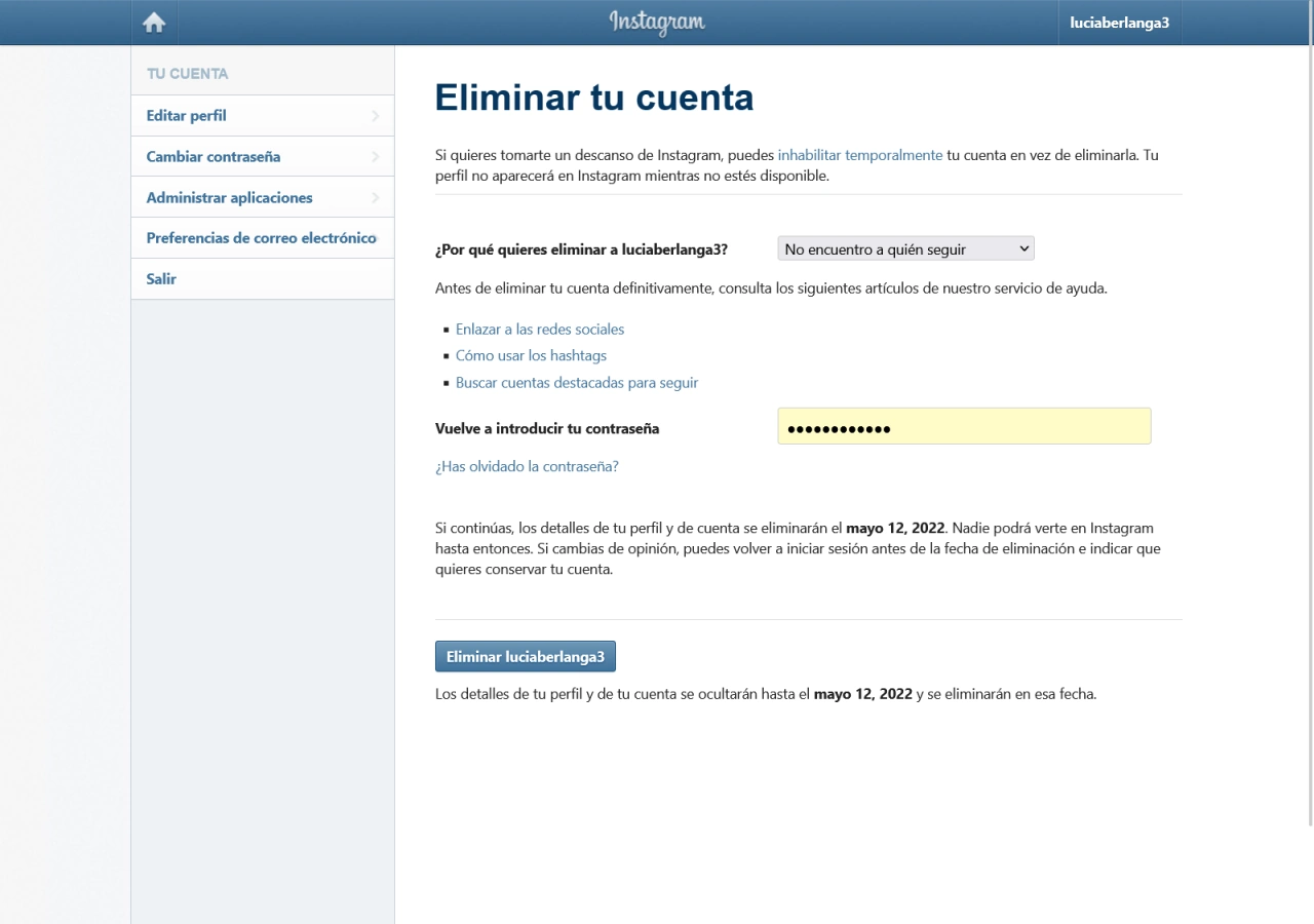 eliminar cuenta instagram definitivamente