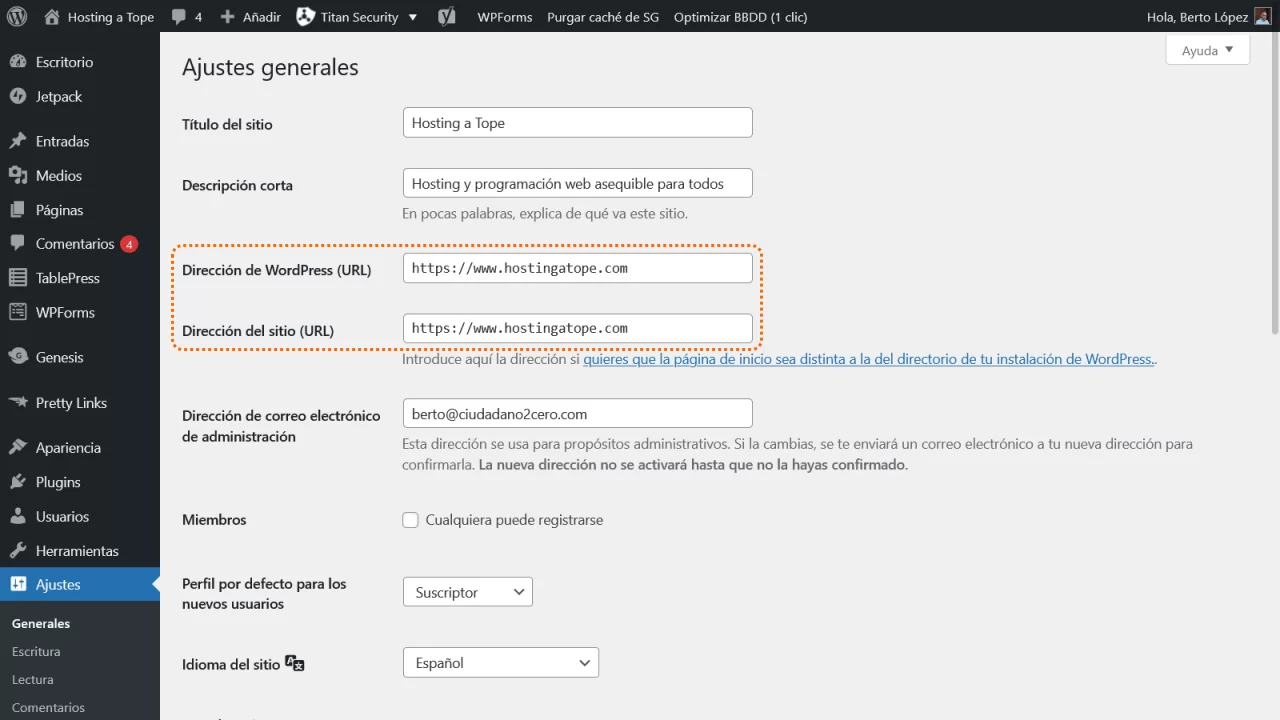 ajustes generales wordpress