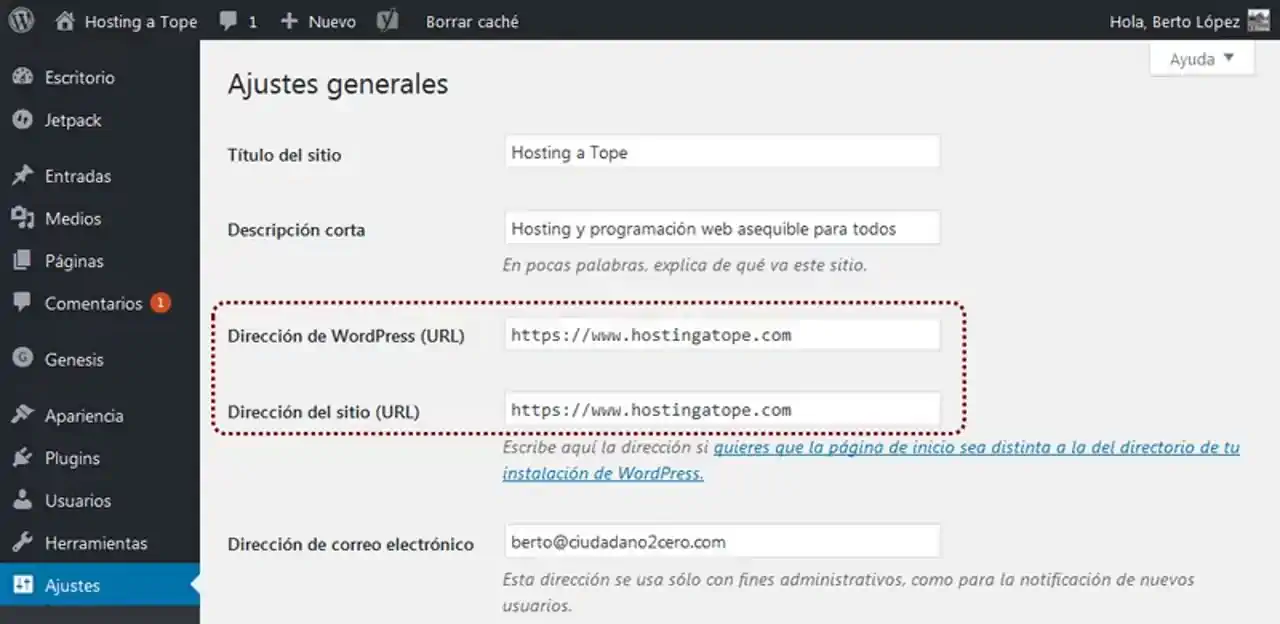 captura ajustes wordpress