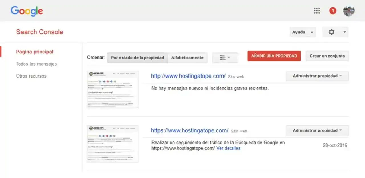 captura search console propiedades