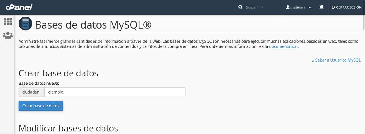 crear base datos cpanel