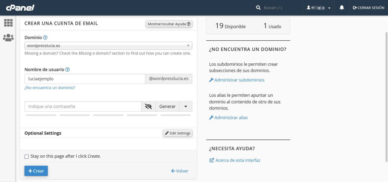 crear cuenta correo cpanel