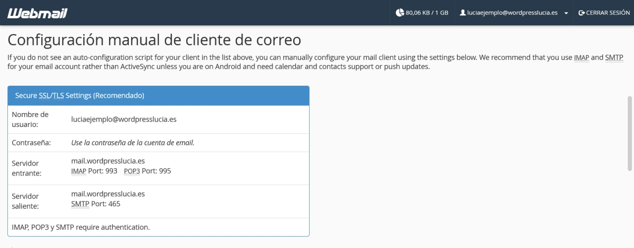datos cpanel outlook