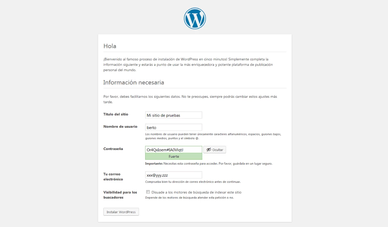 datos instalar wordpress