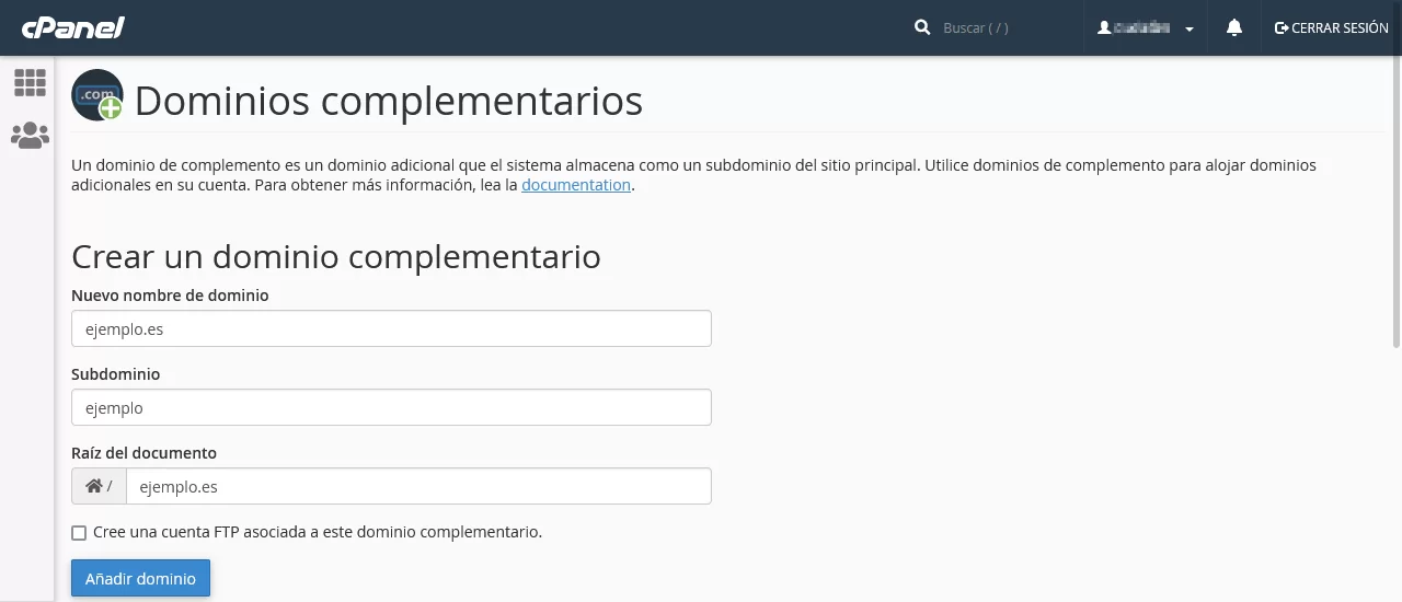 dominio complementario cpanel