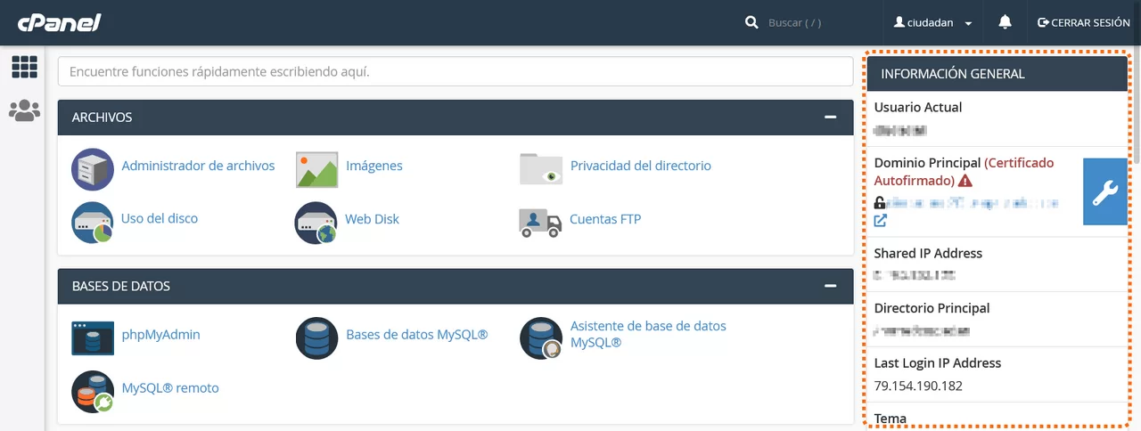 informacion general cpanel
