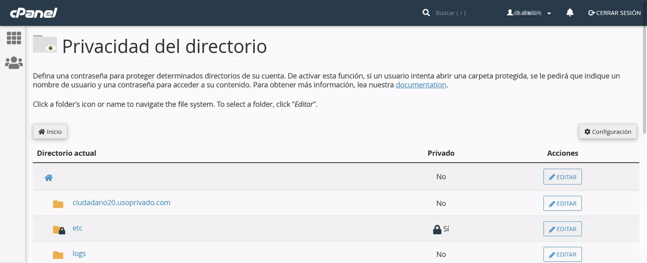 privacidad cpanel