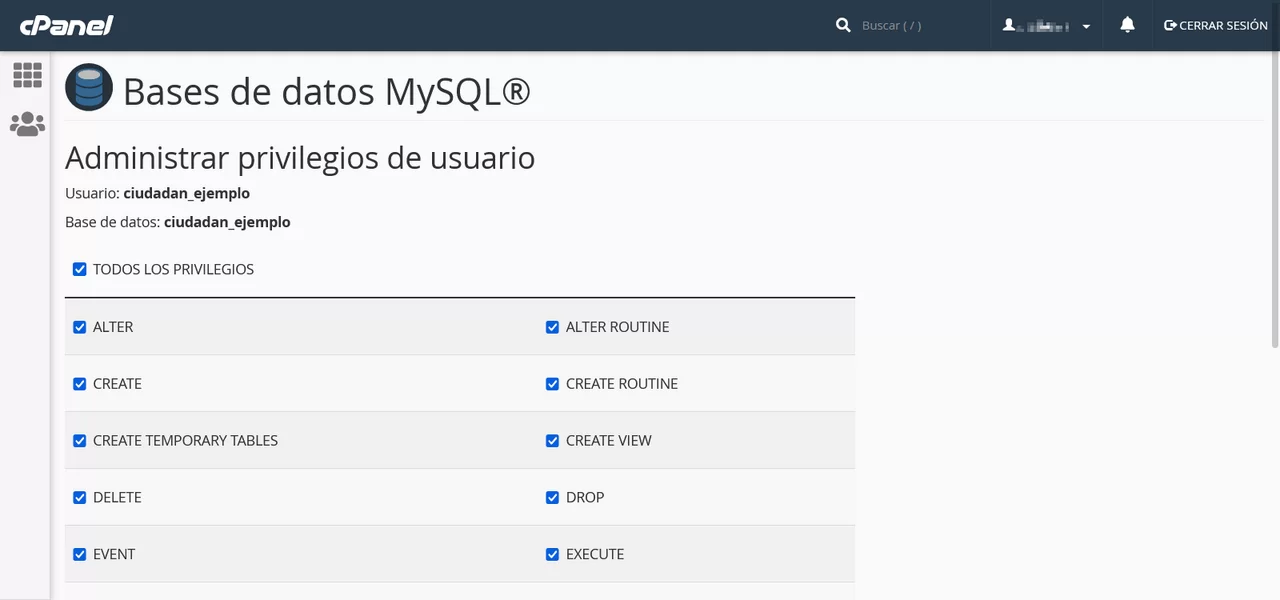 privilegios usuarios cpanel