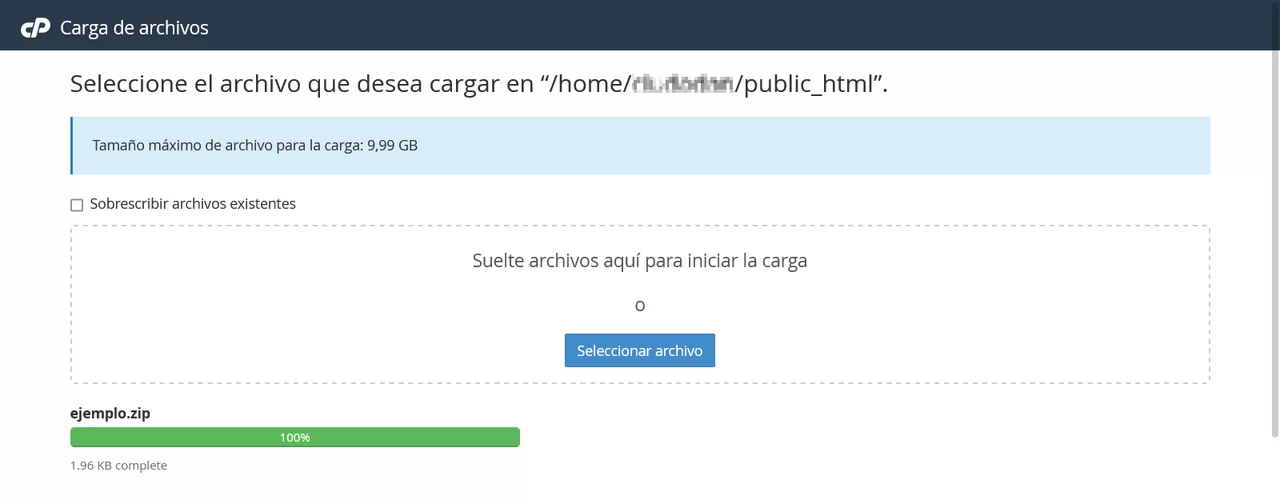 subir fichero zip cpanel