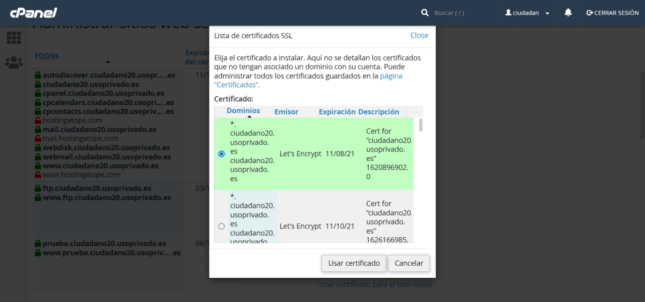 usar certificado ssl cpanel