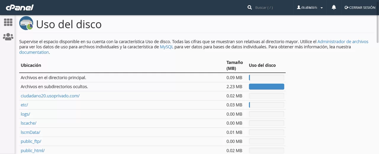uso disco cpanel