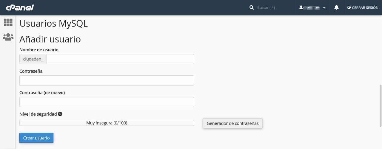 usuario sql cpanel