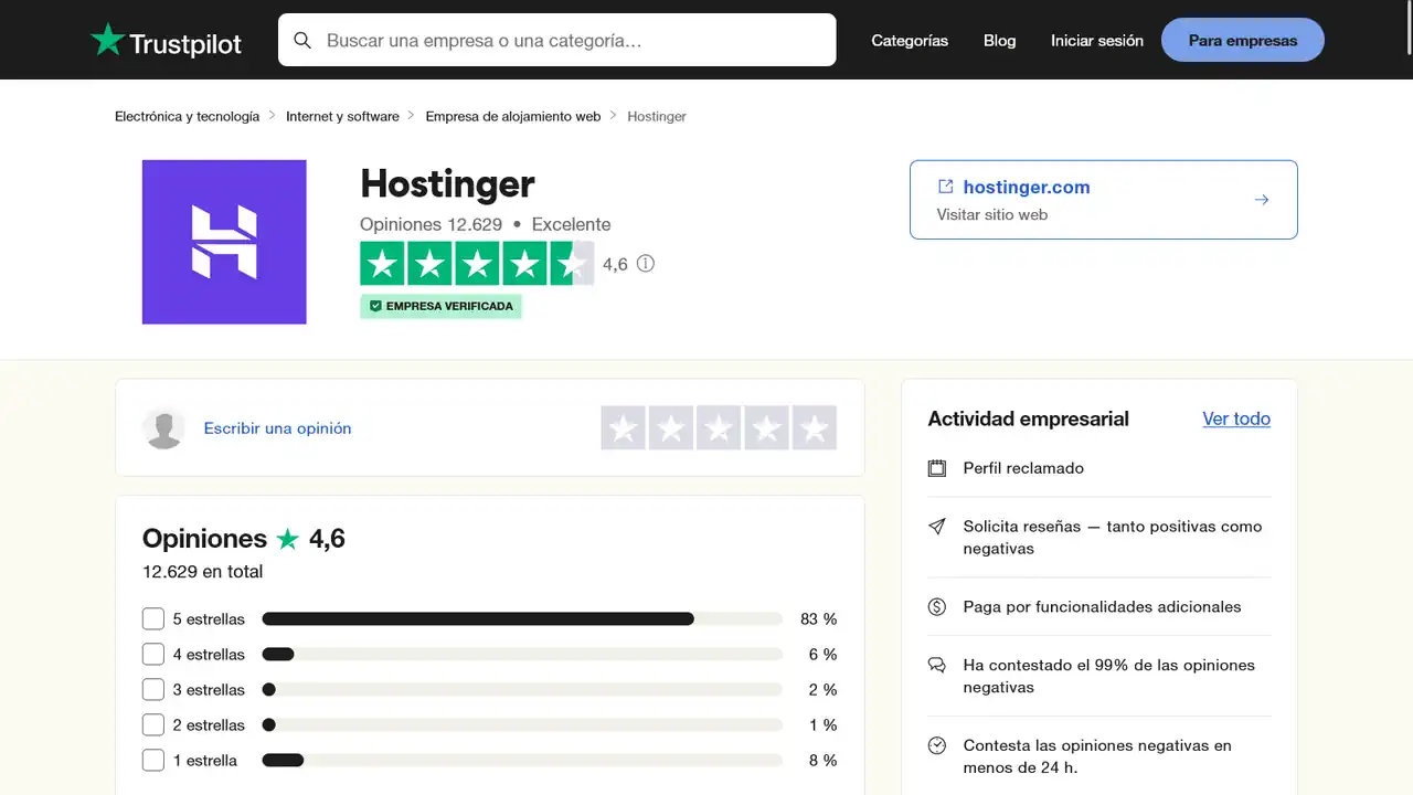 Valoraciones de Hostinger en Trustpilot