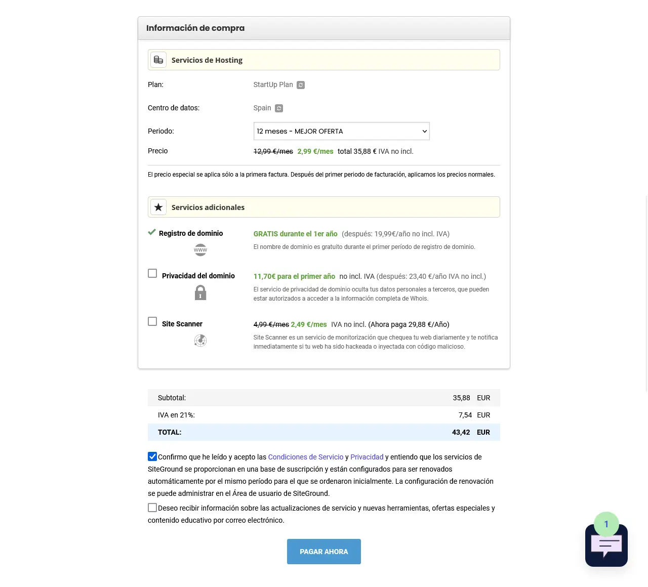 finalizar pedido siteground