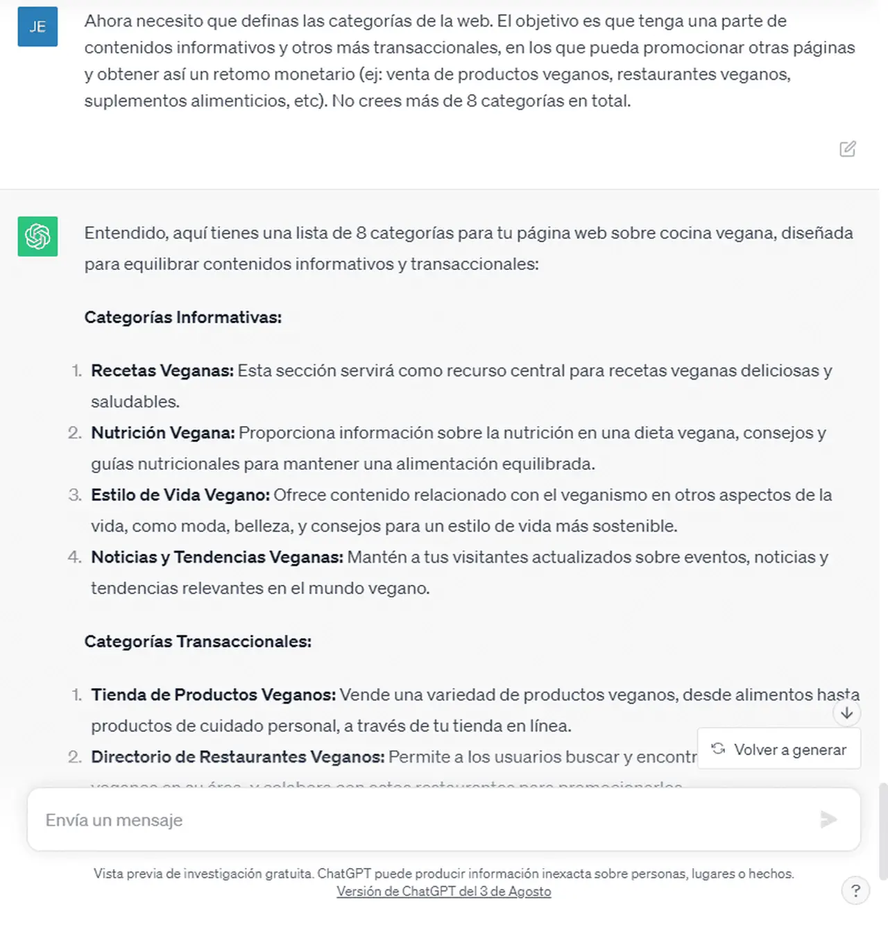 Usar ChatGPT para obtener las categorías SEO de una web