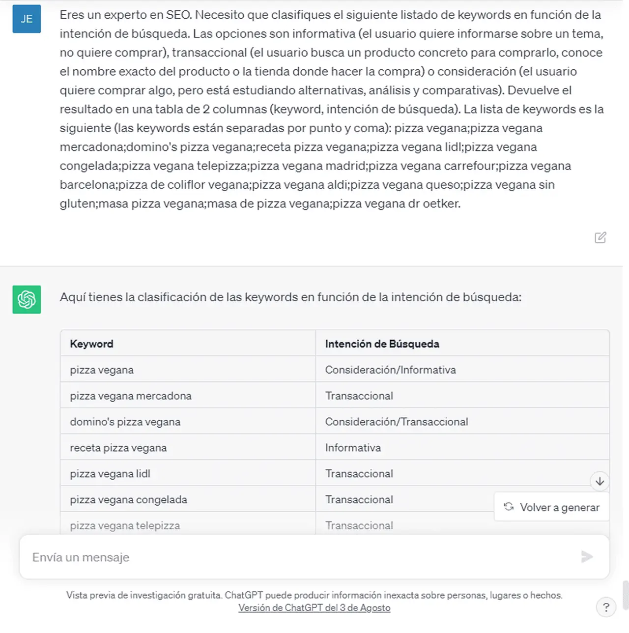 Usar ChatGPT para segmentar las palabras clave