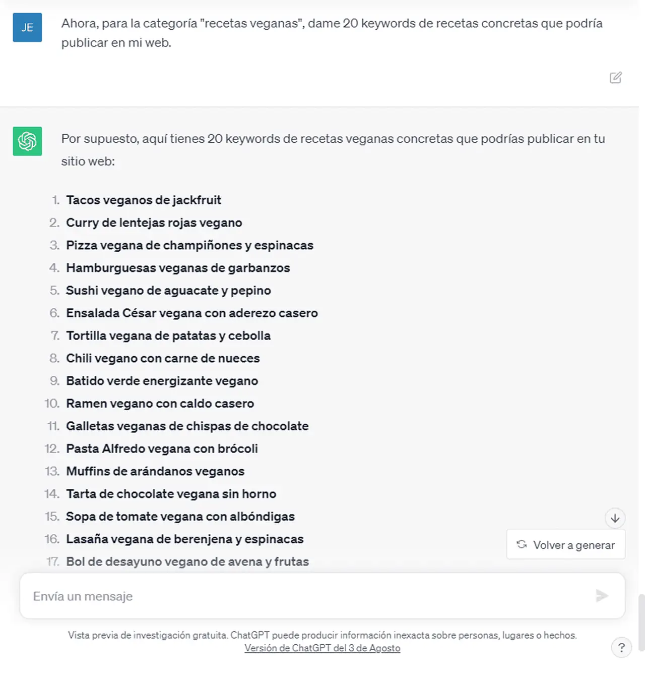 Obtener palabras clave con ChatGPT