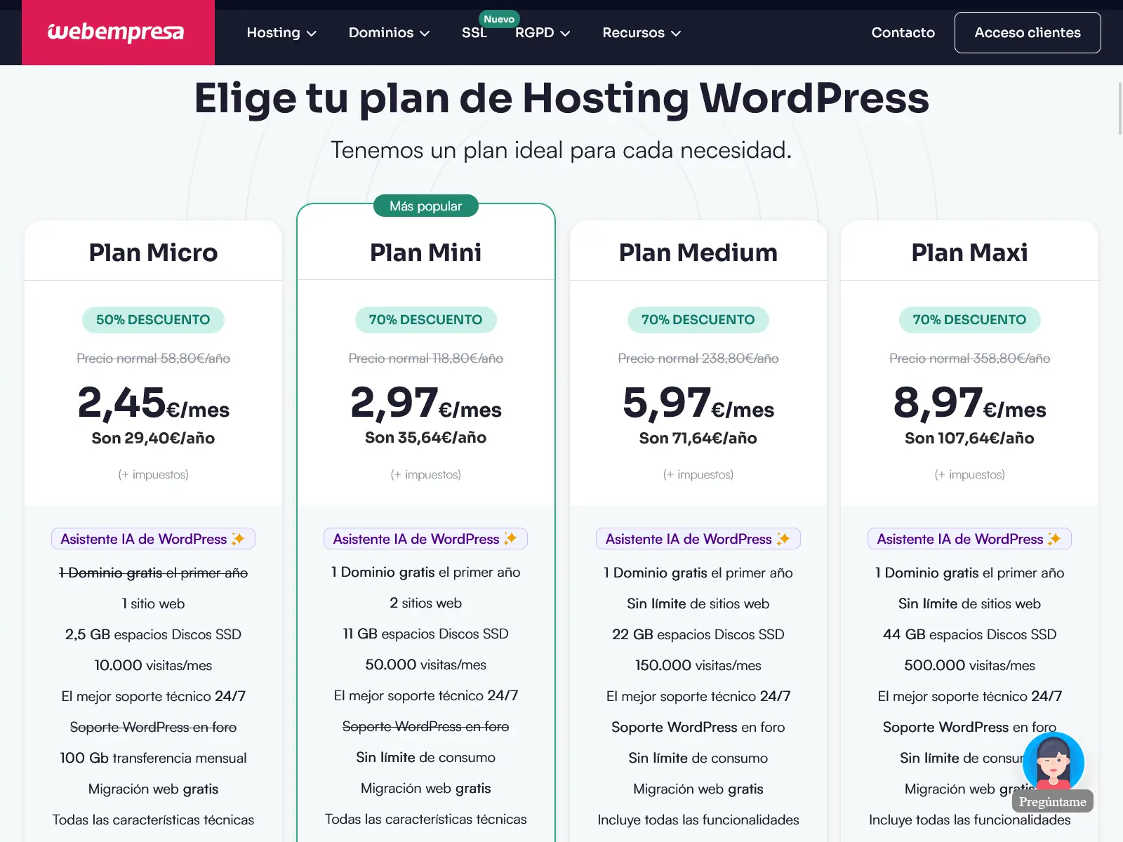 Los planes de Webempresa.