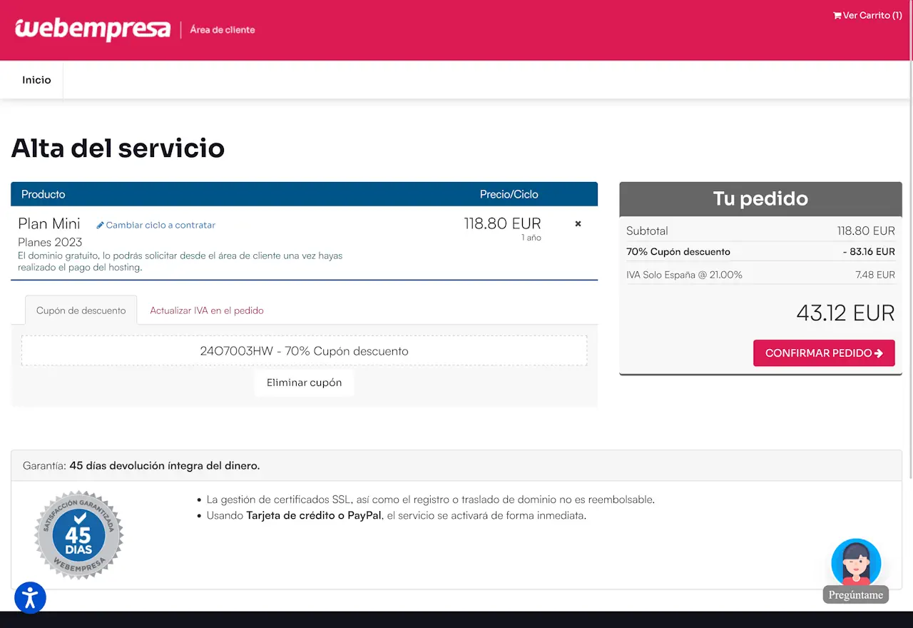 pedido con descuento webempresa