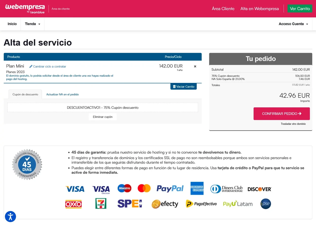 pedido con descuento webempresa